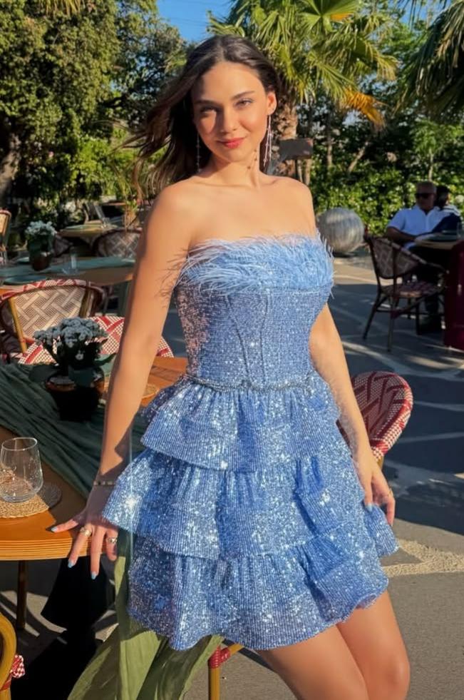 Dusty‑Blue Sequin Feather Corset Double‑Tier Ruffle Mini Dress