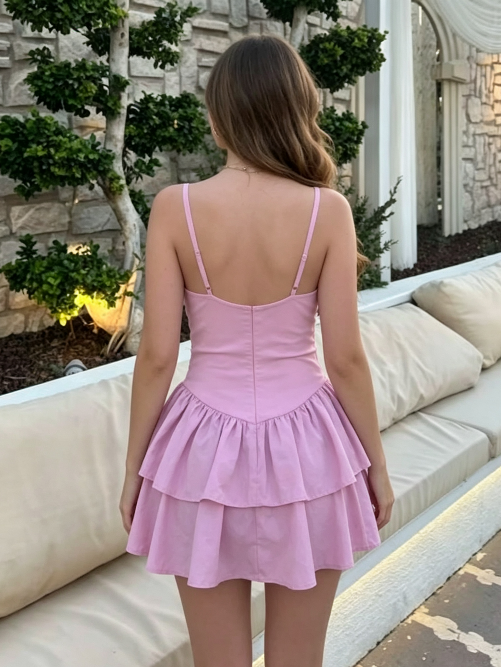 Light‑Pink Spaghetti‑Strap Double‑Tier Ruffle A‑Line Mini Dress