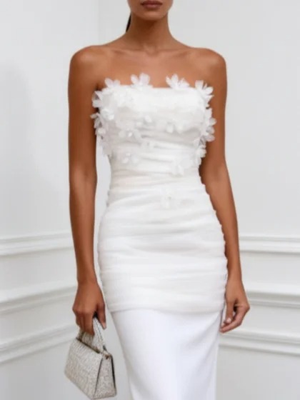 White 3D Floral Satin Strapless Sleeveless Sheath Gown Dress