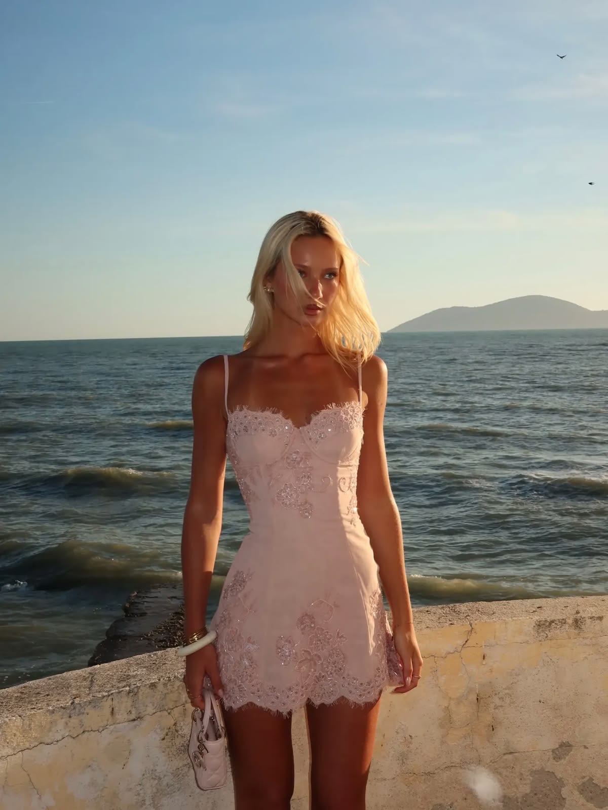 Dusty‑Pink Lace Rhinestone‑Beaded Spaghetti‑Strap Body‑Con Mini Dress