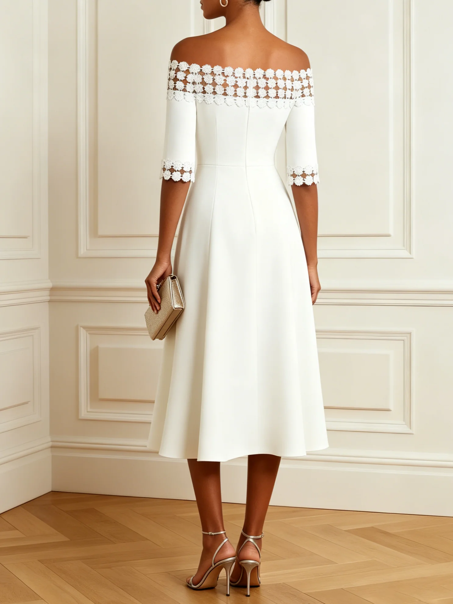 White Lace Classic Off The Shoulder Half Sleeve A-Line Midi Dress