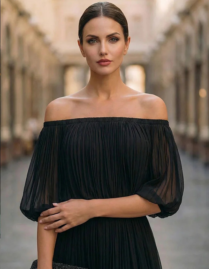 Black Off Shoulder Chiffon Slit Maxi Dress