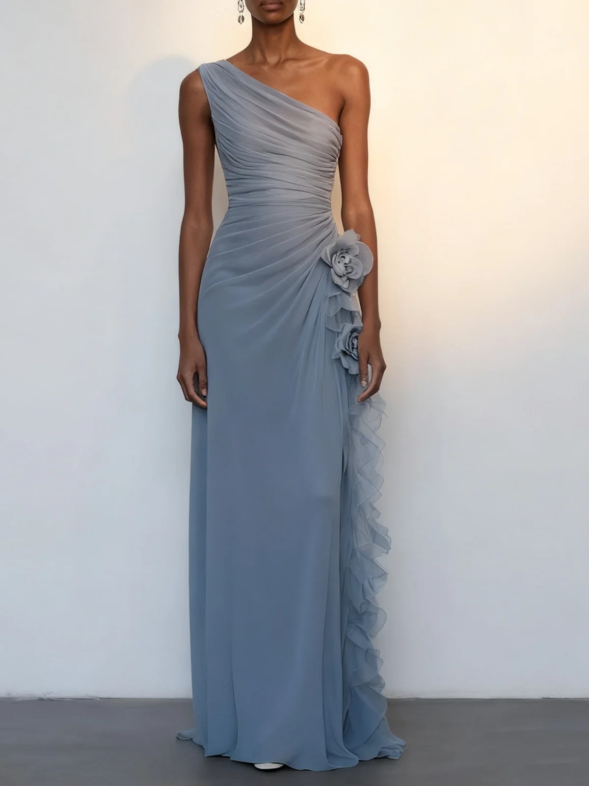 Light Blue 3D Floral Chiffon One Shoulder Sleeveless Sheath Maxi Dress