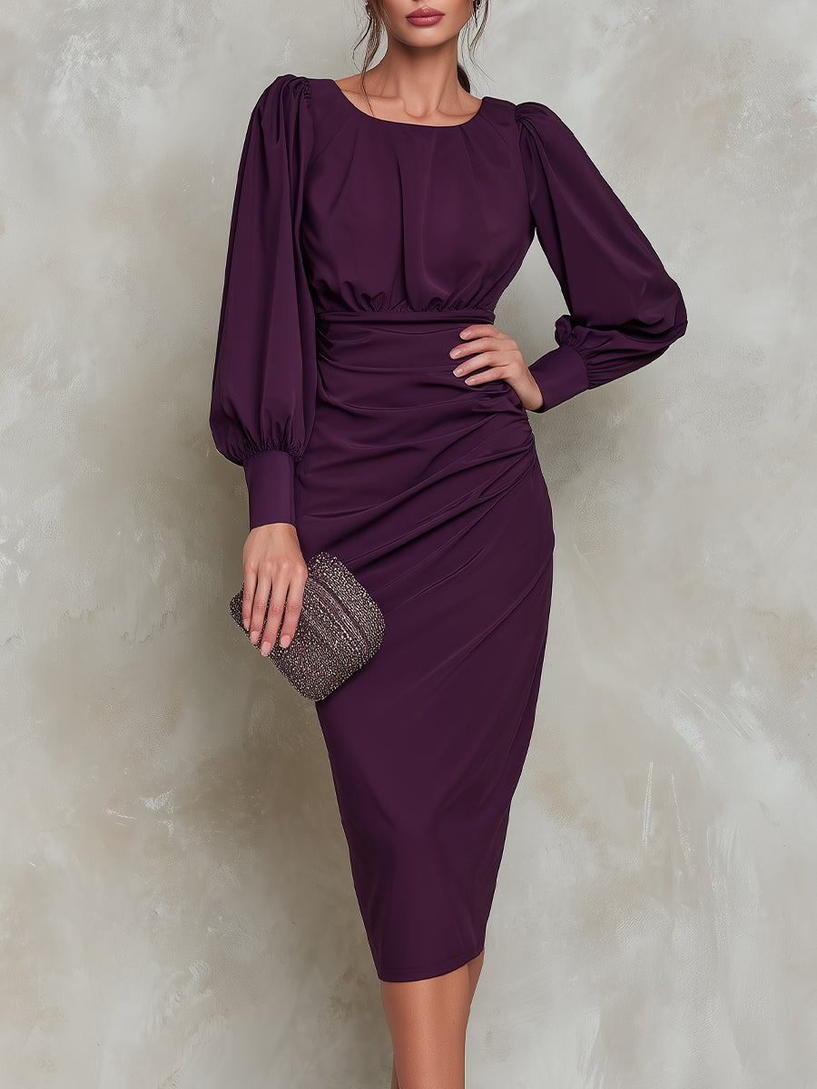 Purple Ruched Waist Puff Sleeve Midi Dress