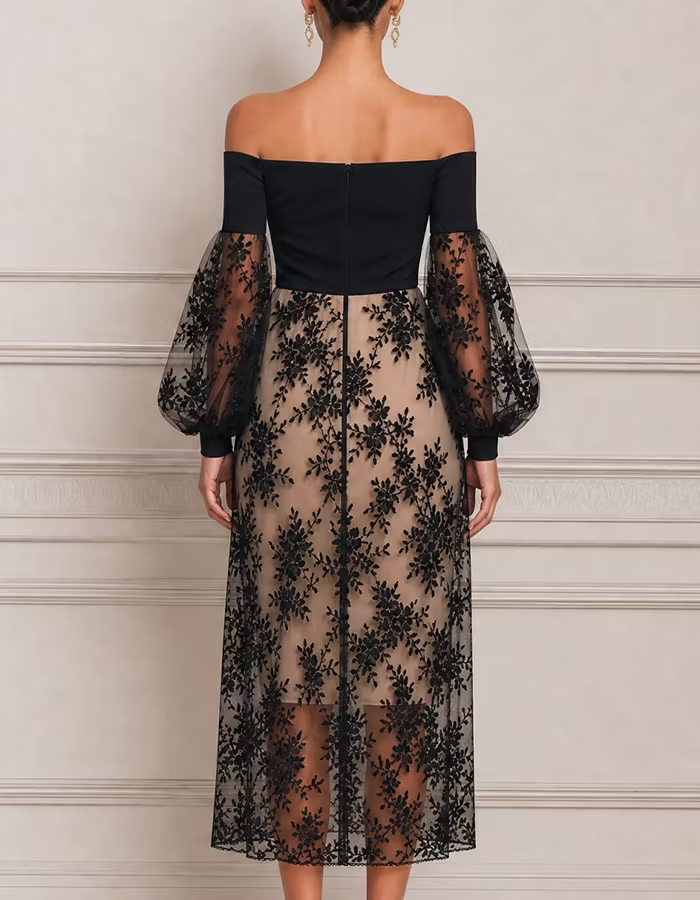 Black Off Shoulder Sheer Puff Sleeve Floral Lace Nude Lined Midi Dress
