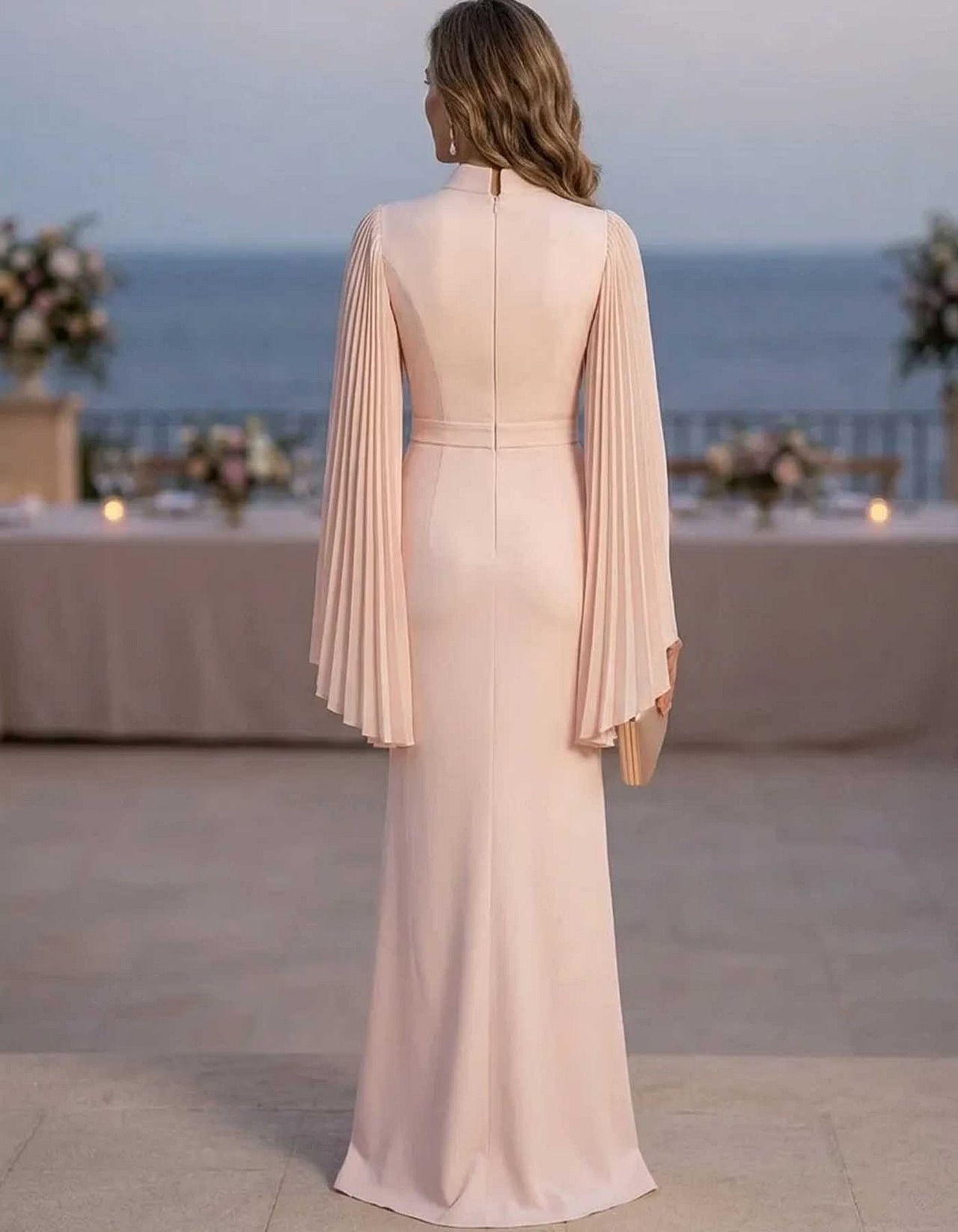 Chiffon Pleated Cape Sleeve V-Neck Maxi Dress