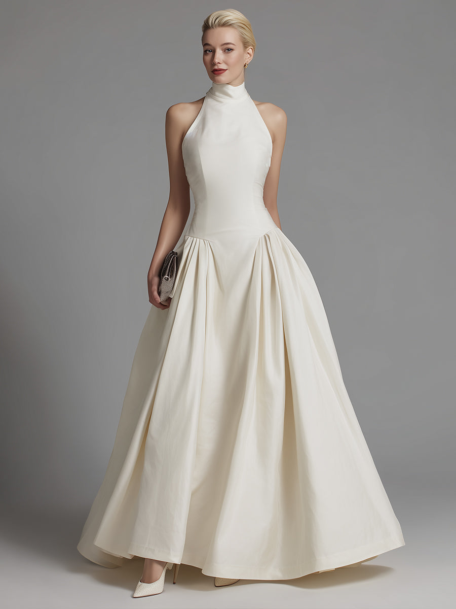 White Halter Neck Fit-and-Flare Maxi Dress With Structured Pleated Skirt