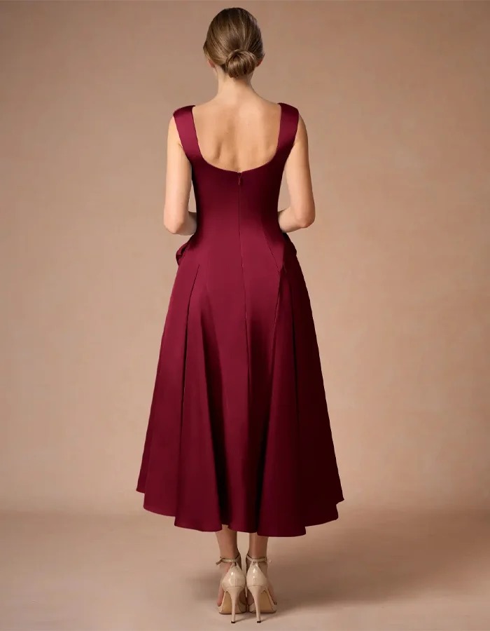 Burgundy Draped Neckline 3D Flower Sleeveless Satin Midi Dress