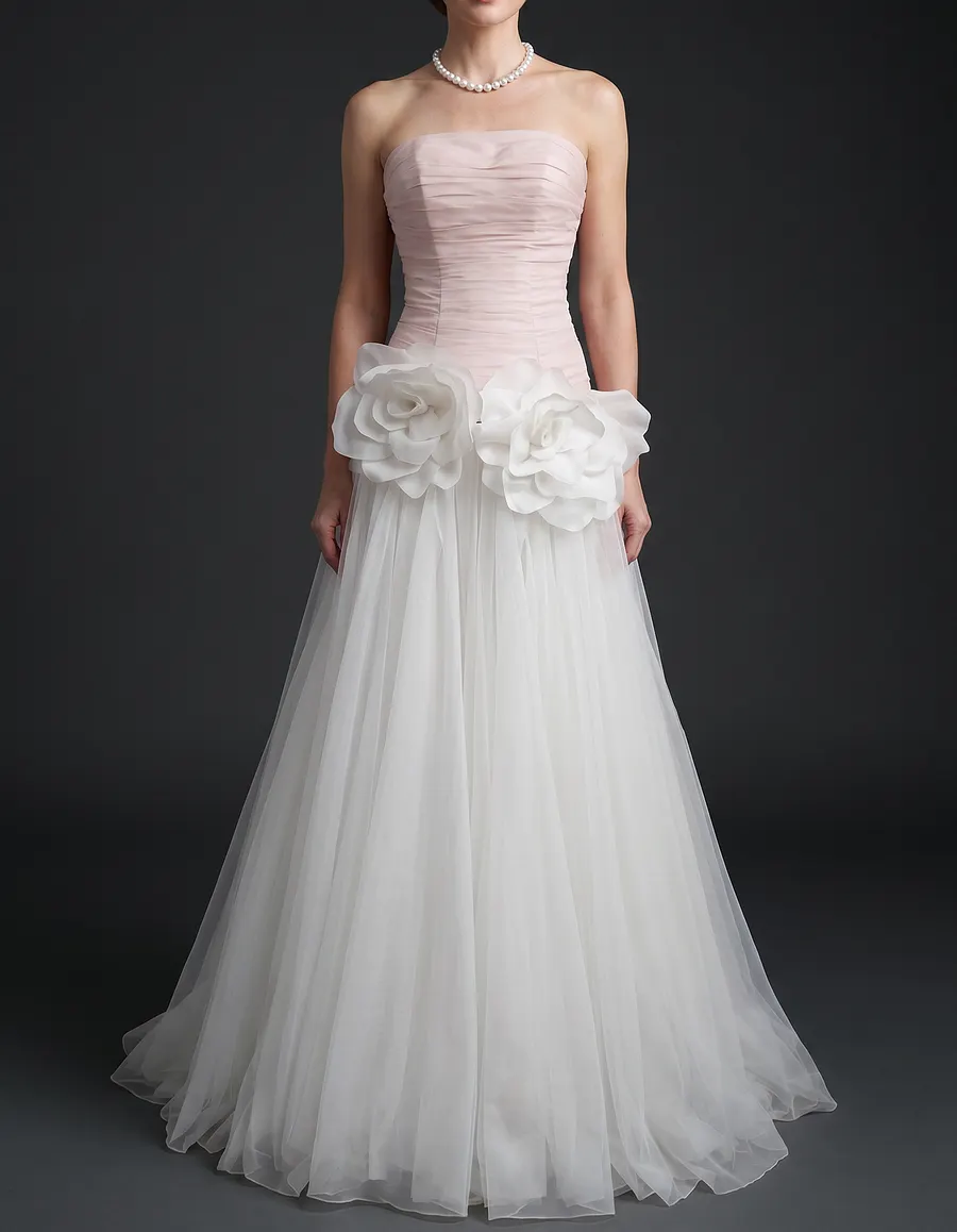 Chiffon Strapless Mesh 3D Floral Cinched Waist Maxi Dress