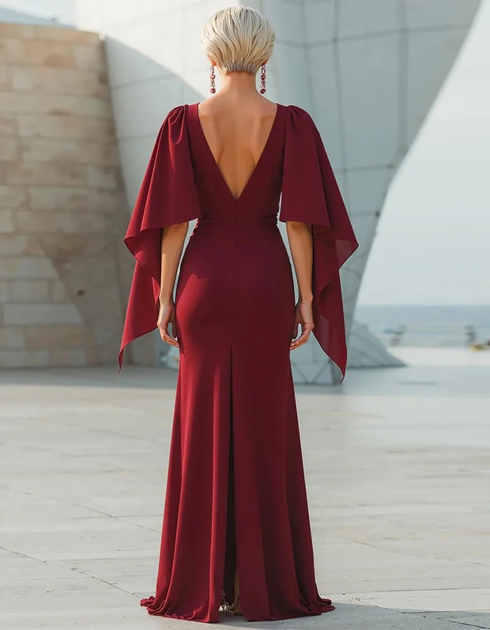 Burgundy Round Neck Chiffon Maxi Dress