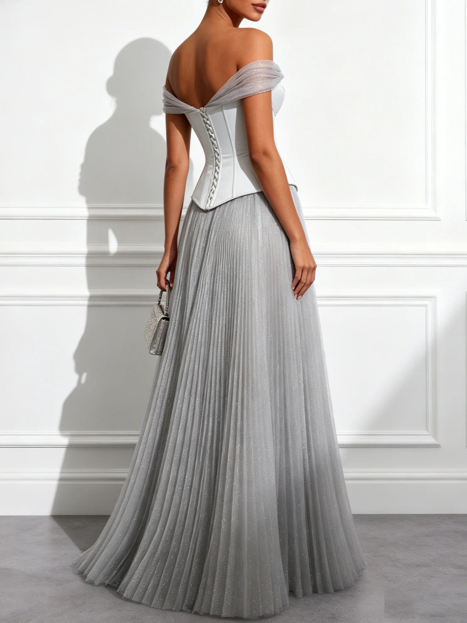 Light Gray Ruched Pleated Tulle Off The Shoulder Short Sleeve A-Line Floor Length Dress