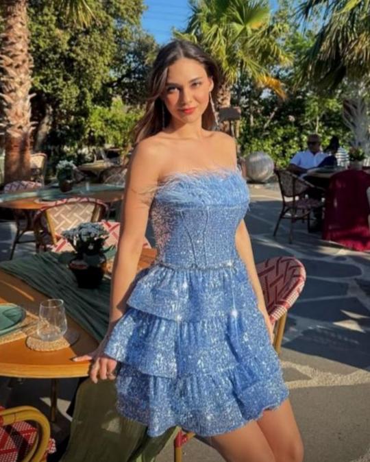 Dusty‑Blue Sequin Feather Corset Double‑Tier Ruffle Mini Dress