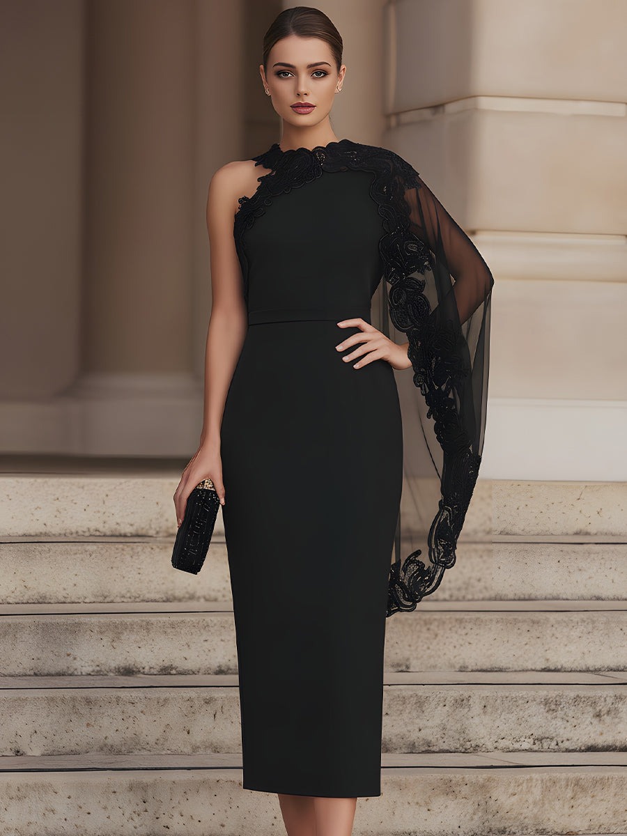 One-Shoulder Midi Dress With Lace-Trimmed Sheer Cape