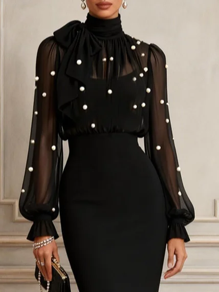 Women Black Faux Pearl Bow Mock Neck Long Sleeve Puff Sleeve Dressy Top With Skirt Two-Piece Set