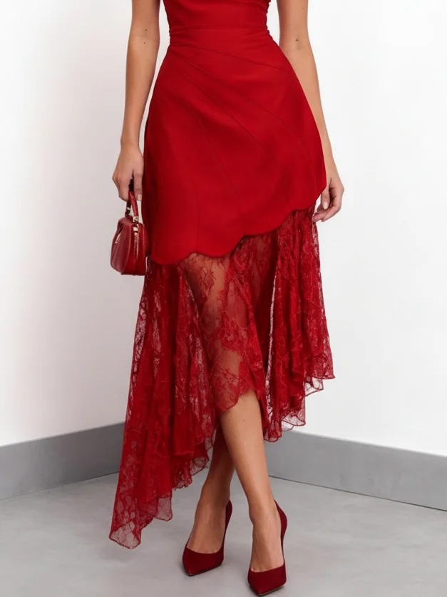Red Lace Irregular Craftsmanship Classic One Shoulder Sleeveless A-Line Midi Dress