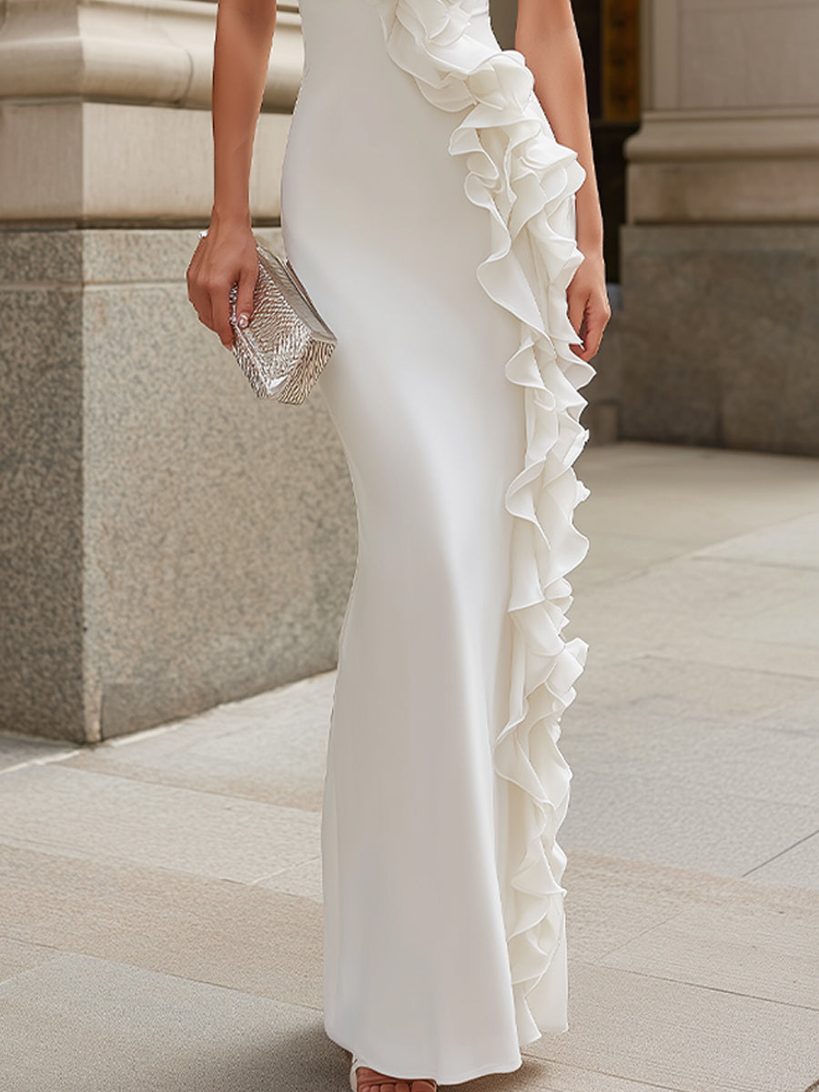White Halter Neck Ruffle Trim Maxi Dress