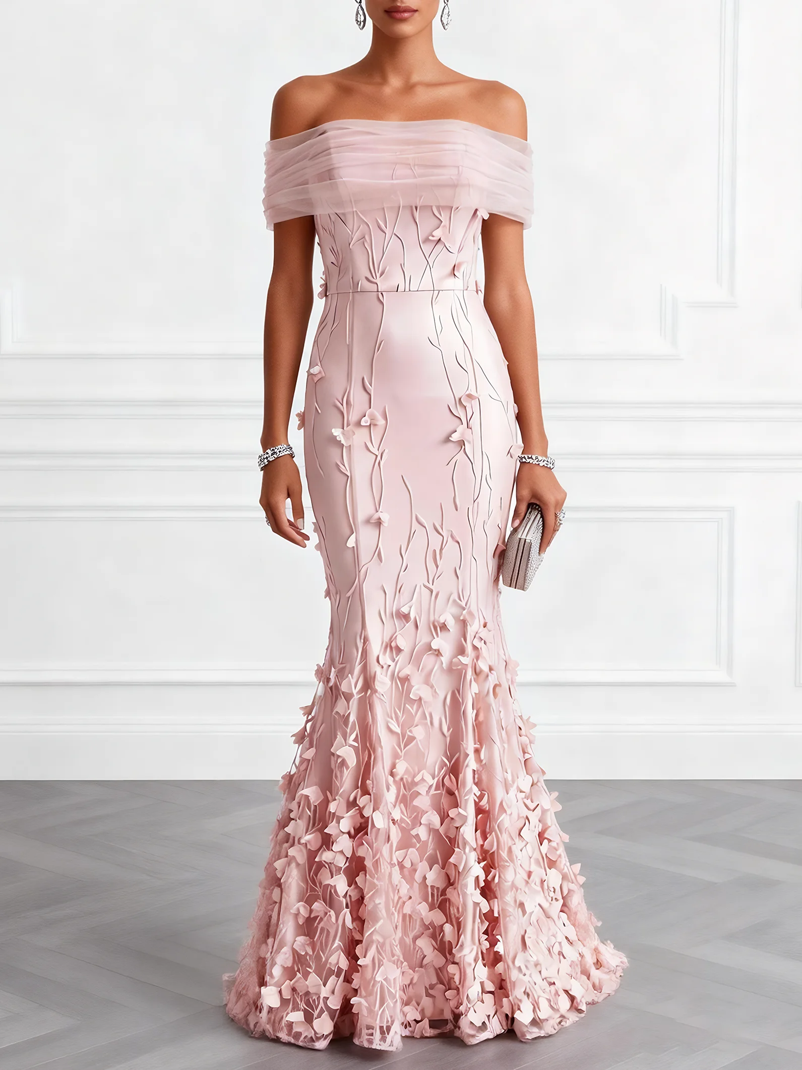 Light Pink 3D Floral Embroidery Classic Off The Shoulder Short Sleeve Mermaid Gown Dress