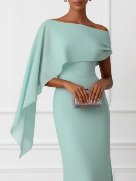 Light Green Asymmetric Classic Off The Shoulder Short Sleeve Sheath Maxi Dress