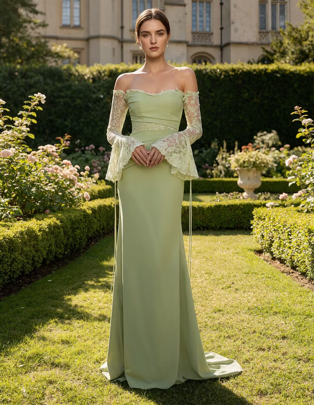 Sage Green Off Shoulder Flared Lace Sleeves Maxi Dress