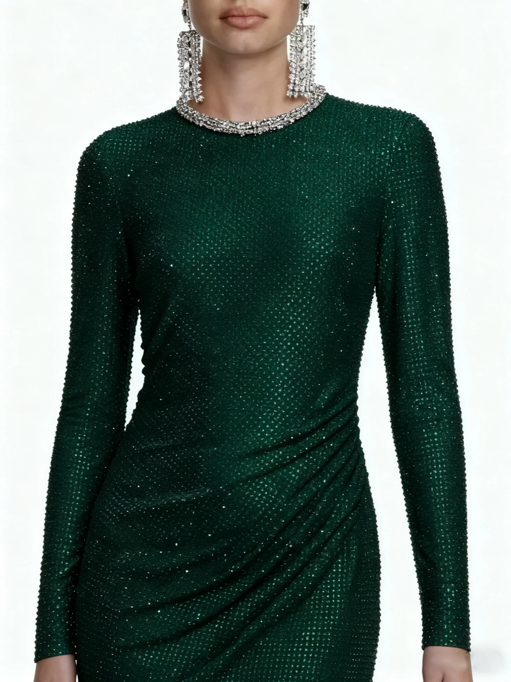 Green Rhinestone Sequin Crew Neck Long Sleeve Sheath Gown Dress