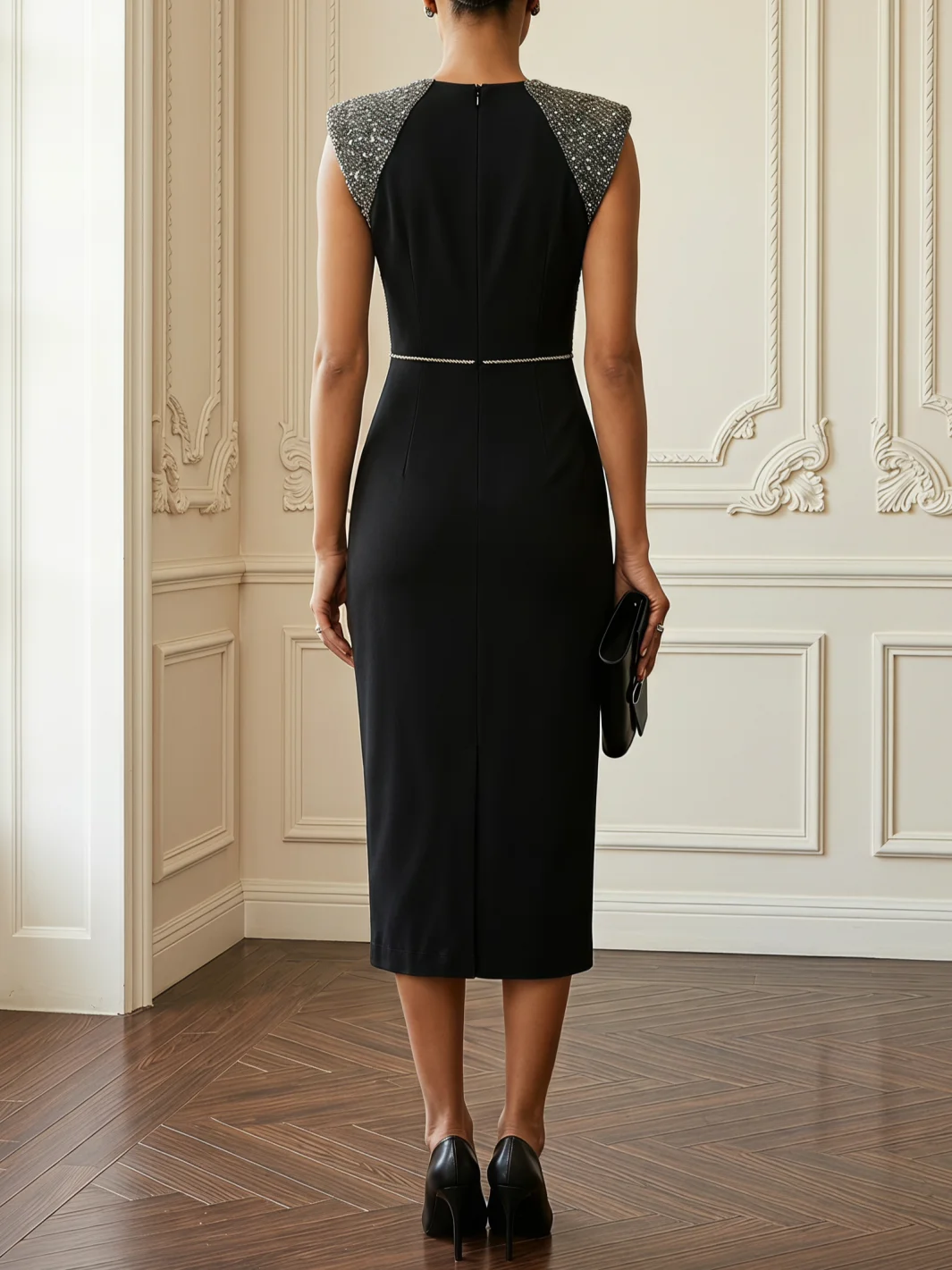 Black Rhinestone Glitter Classic Crew Neck Sleeveless Sheath Midi Dress