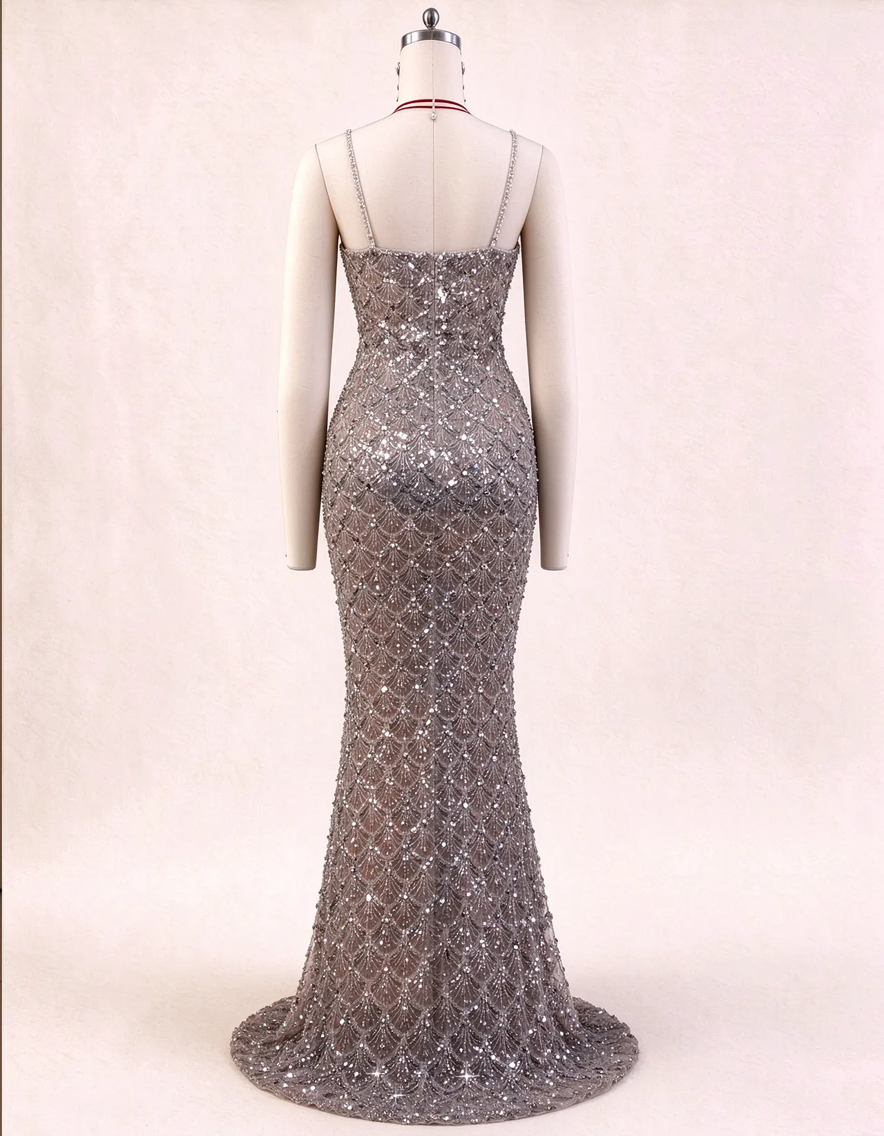 Silver Spaghetti Strap Mermaid Evening Gown