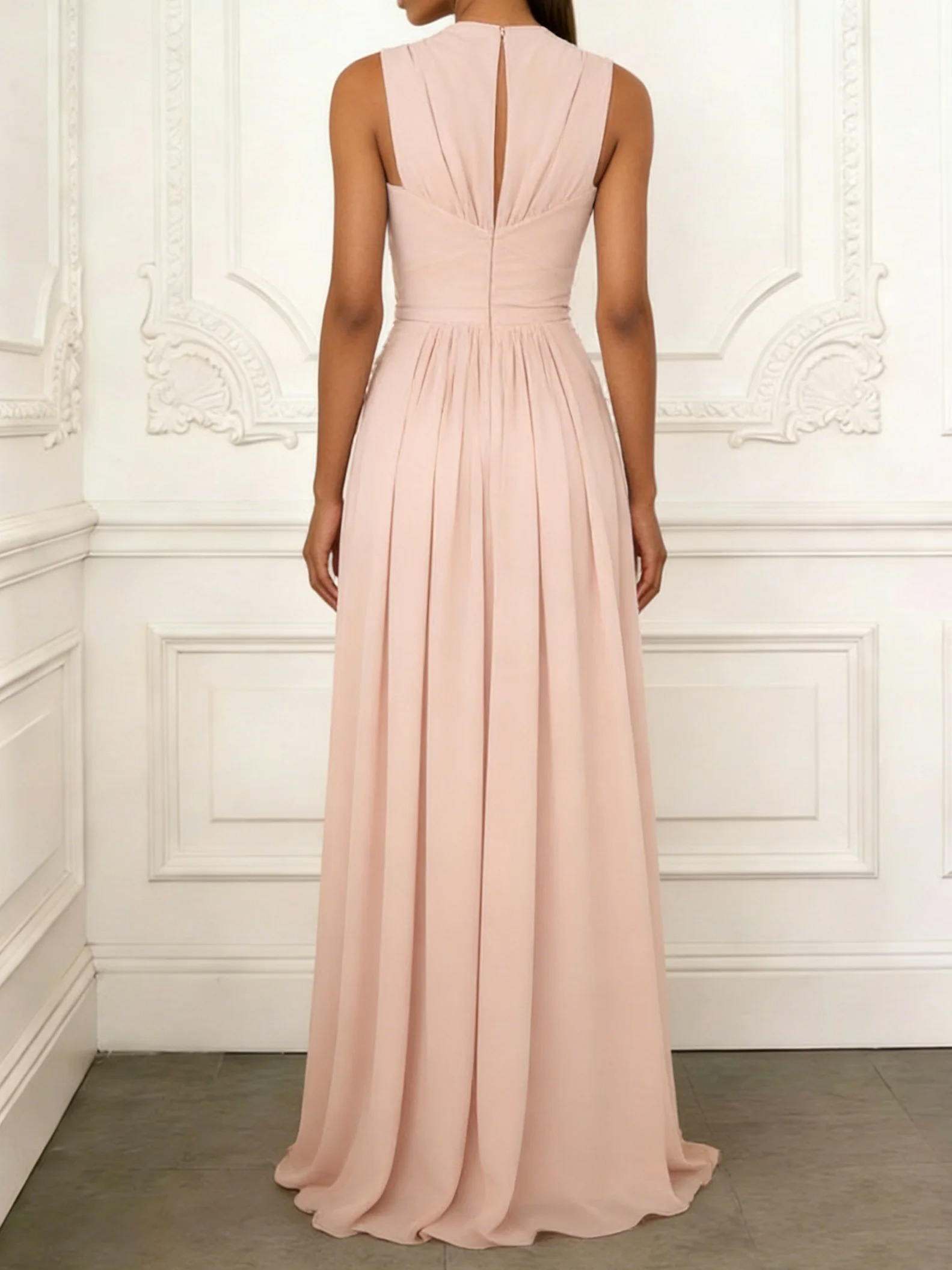 Pink Ruched Chiffon V Neck Sleeveless A-Line Maxi Dress