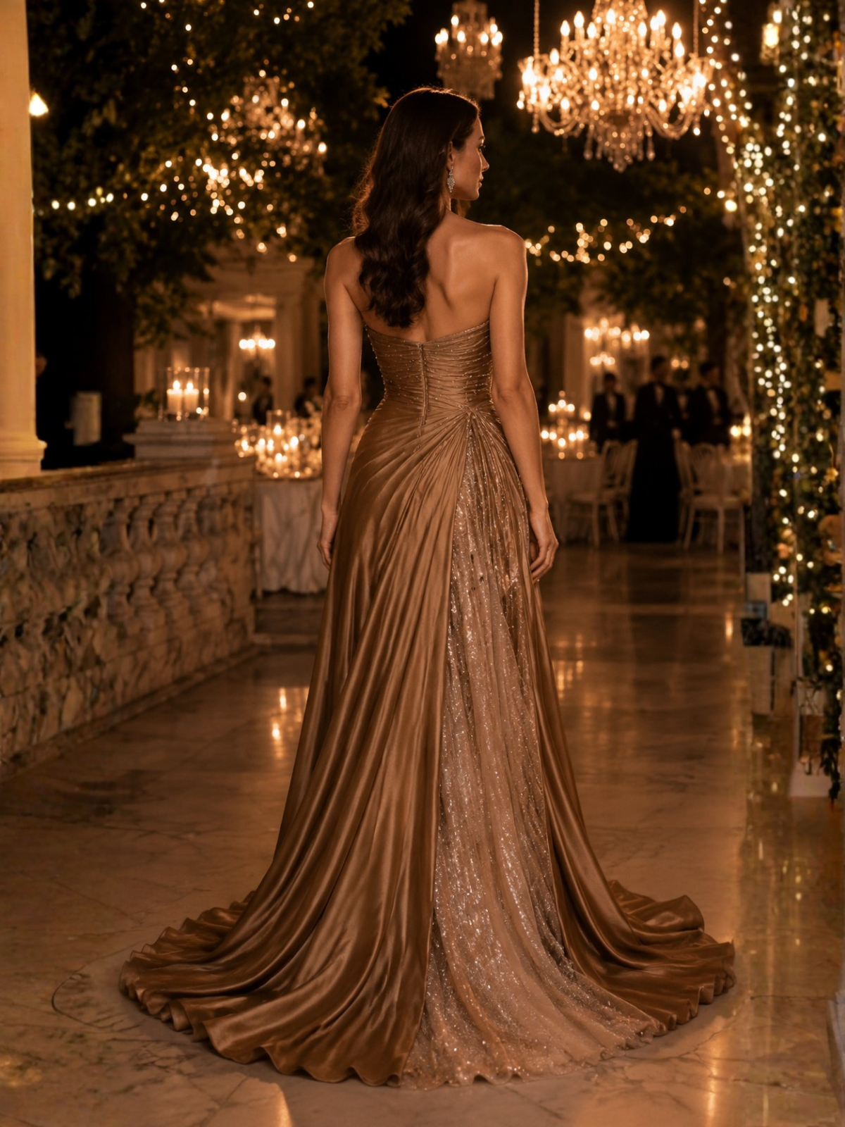 Champagne Bronze Strapless Beaded Draped Satin Overskirt Mermaid Train Evening Gown