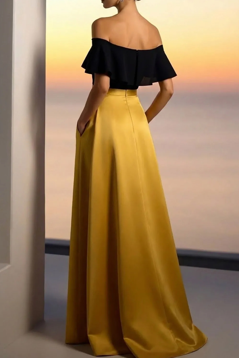 Gold Formal Dress A-Line Off the Shoulder Satin Maxi Dress with Pocket