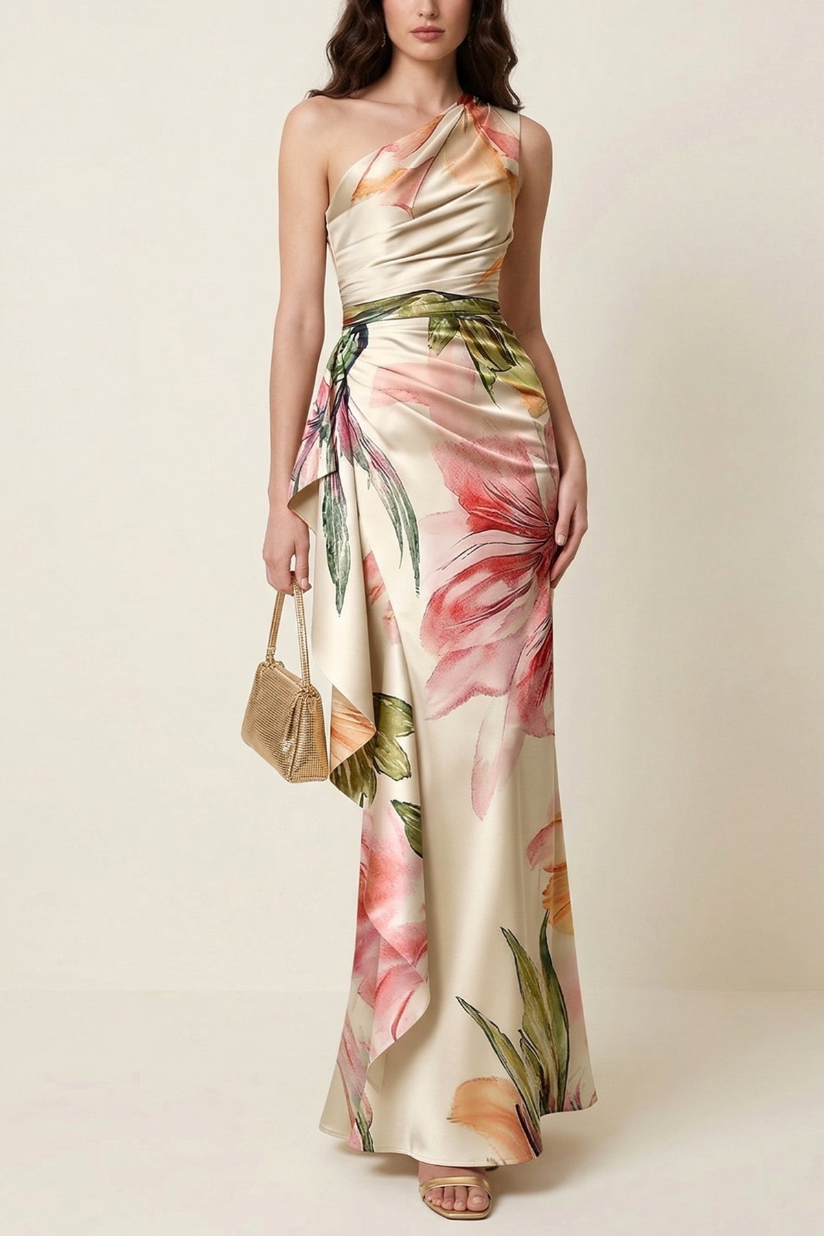 Cream Blush Floral One-Shoulder Satin Mermaid Gown