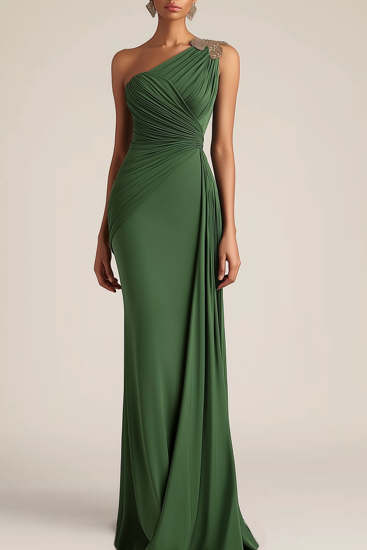 Formal Evening Dress Green One-Shoulder Ruched Floor-Length Dress