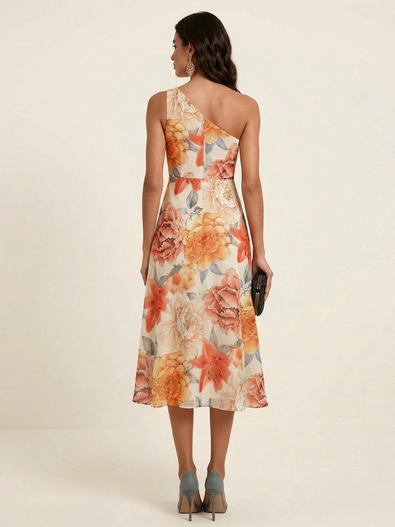 Cream Coral Floral One-Shoulder Chiffon Midi Dress
