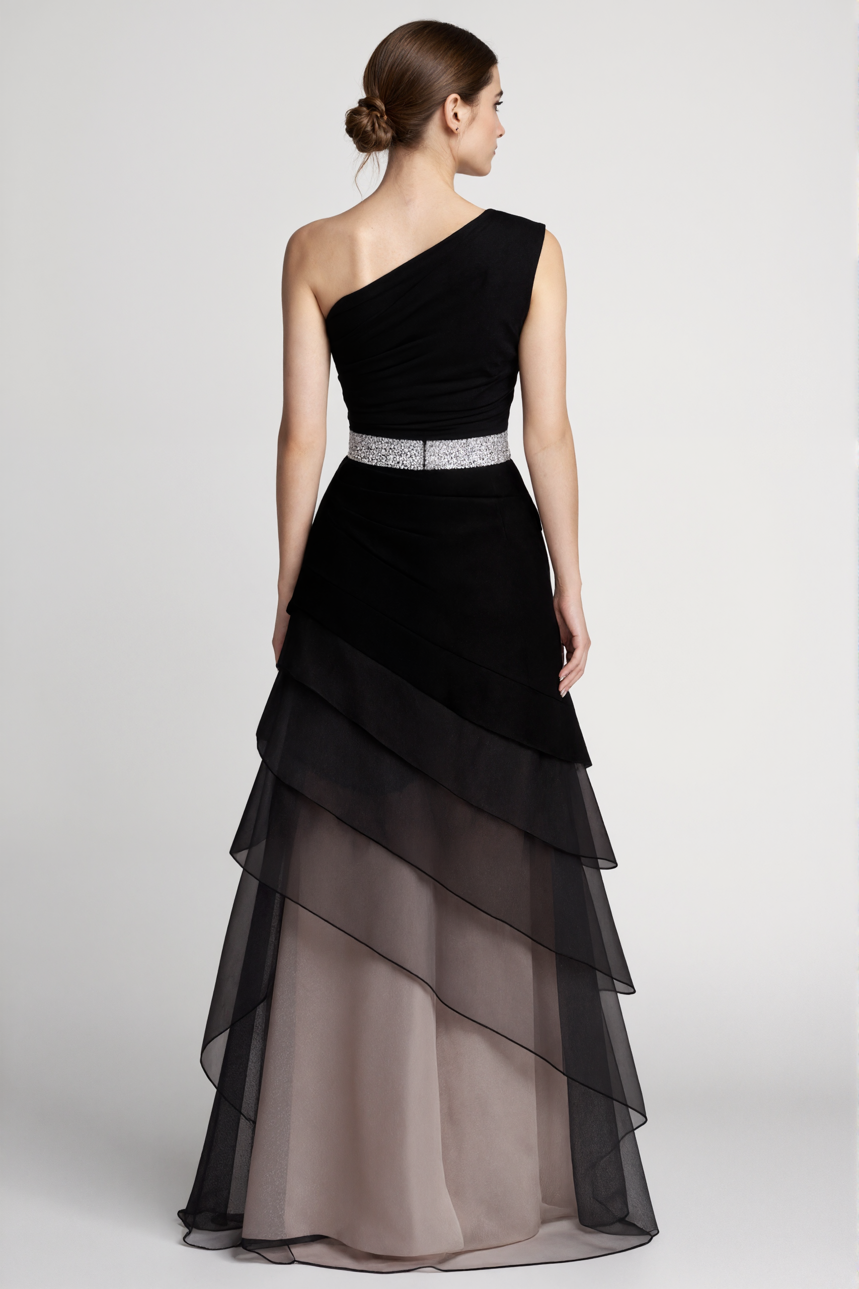 Formal Evening Dress Black One-Shoulder Multi-Layered Silver Belt Maxi Gown