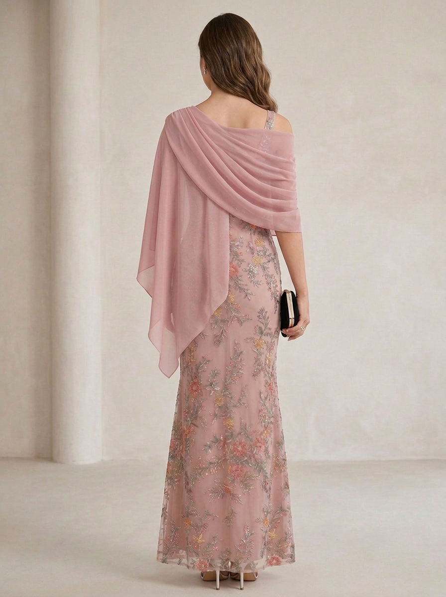 Blush Pink Floral Beaded Mermaid Formal Dress With Sheer Chiffon Cape