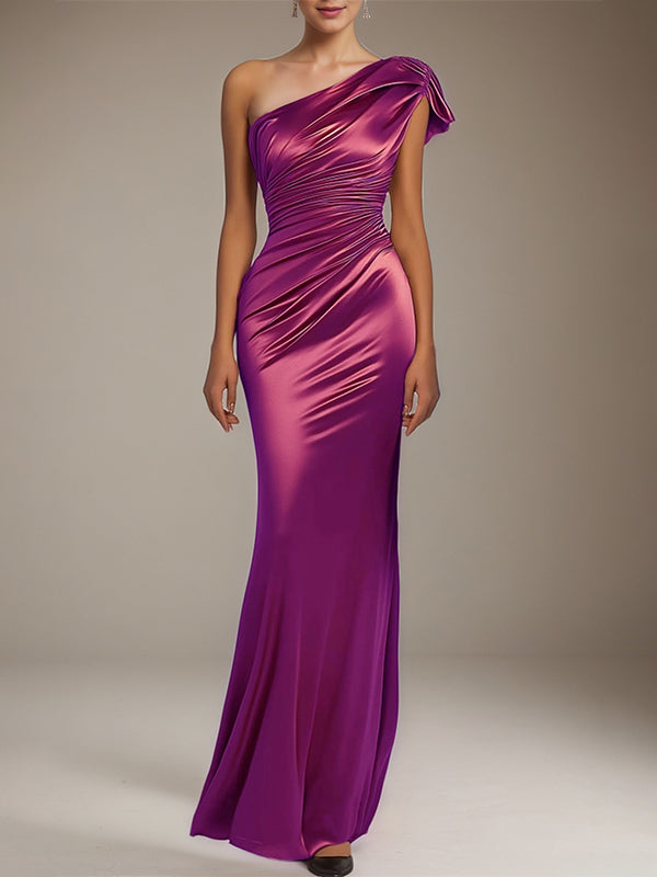 Formal Party Satin Dress Purple One-Shoulder Pleated 	Floor-Length Dress