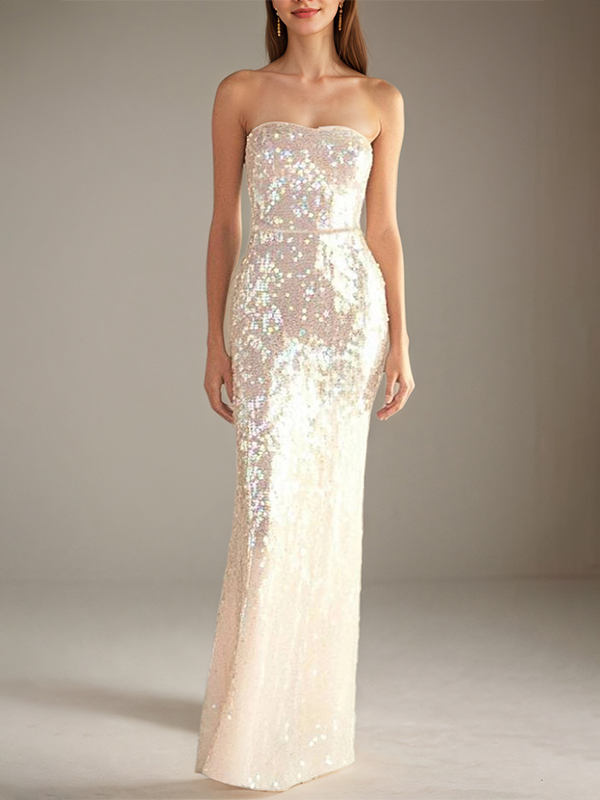 Formal Sequin Strapless Dress Light Pink Form-Fitting Floor-Length Gown