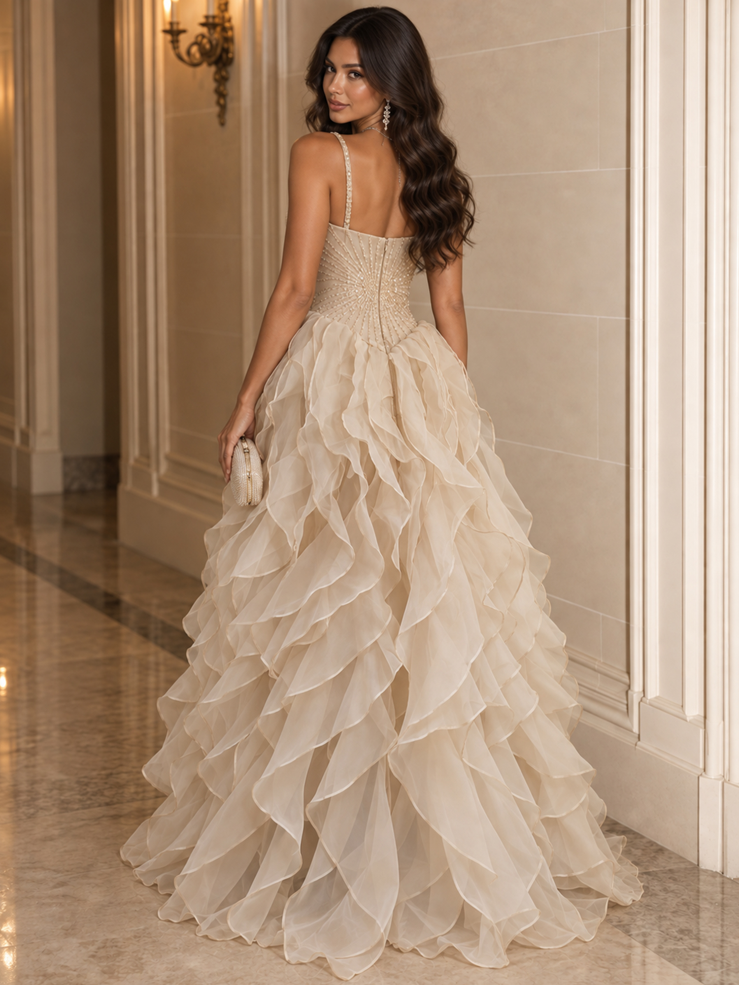 Spaghetti Straps Pleated Luxurious Maxi Evening Dresses with Beadings