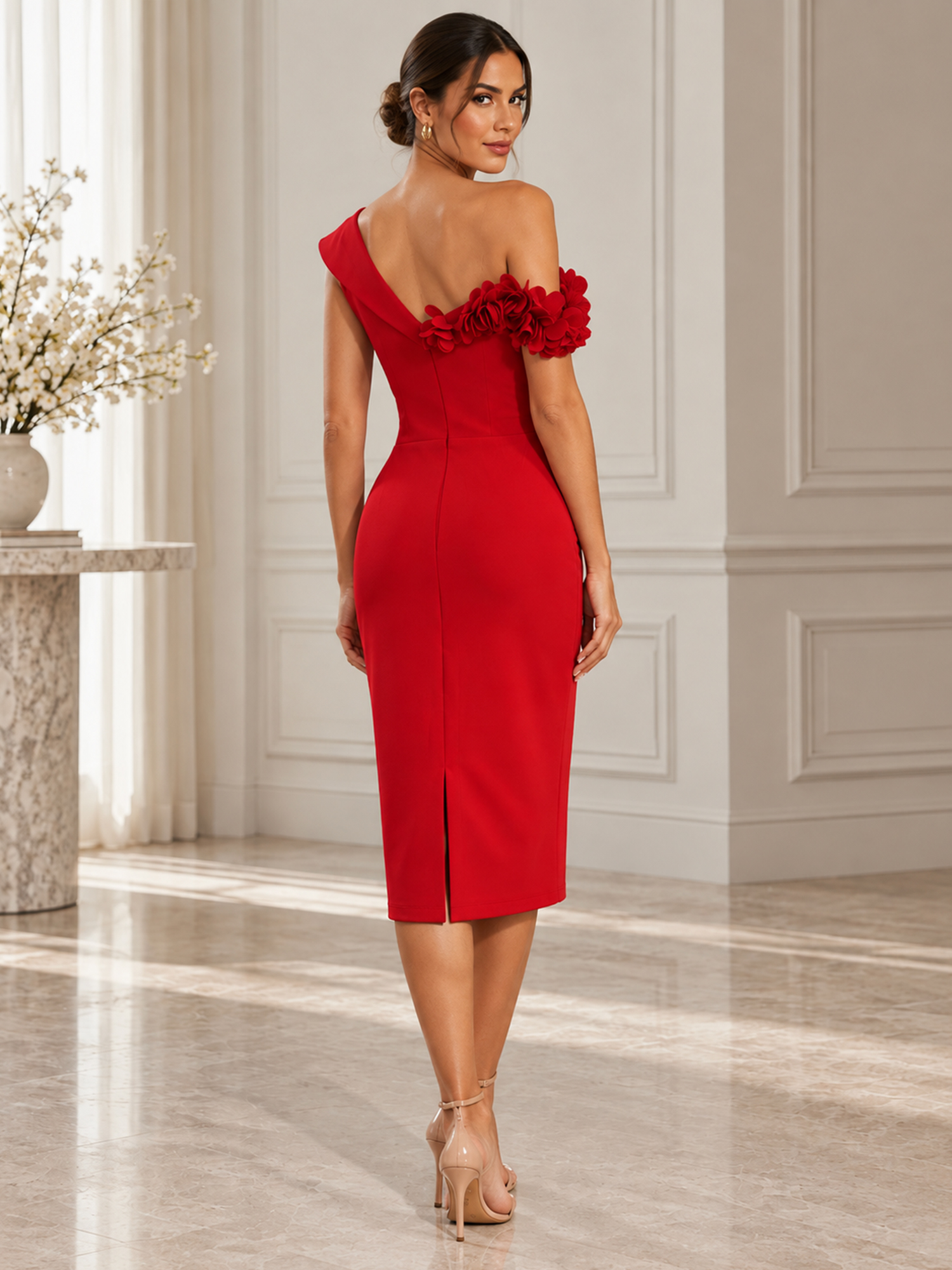 Red 3D Floral Classic Asymmetrical Sleeveless Sheath Midi Dress