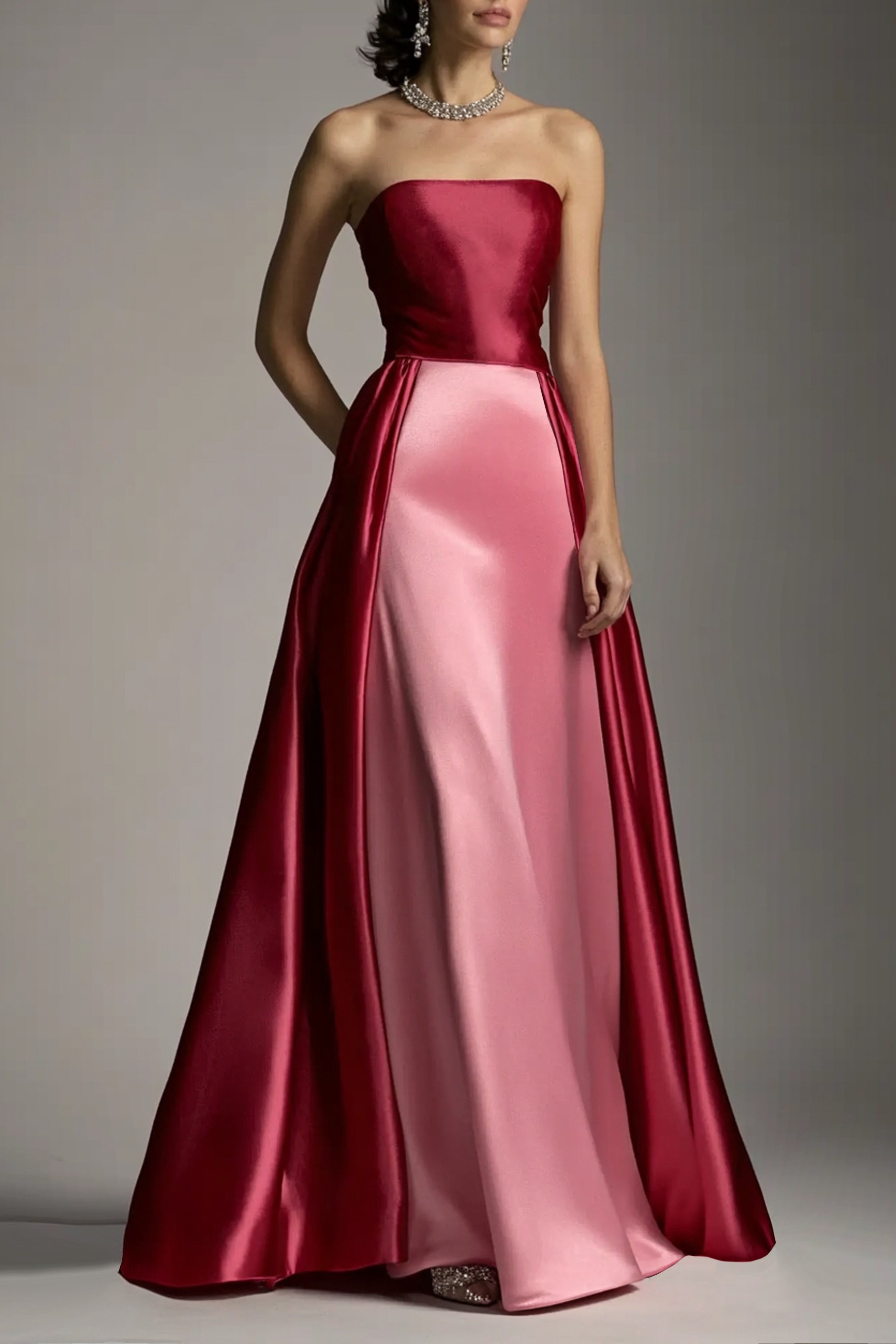 Formal Evening Dress Rose Pink Colorblock Strapless A-Line Floor Dress