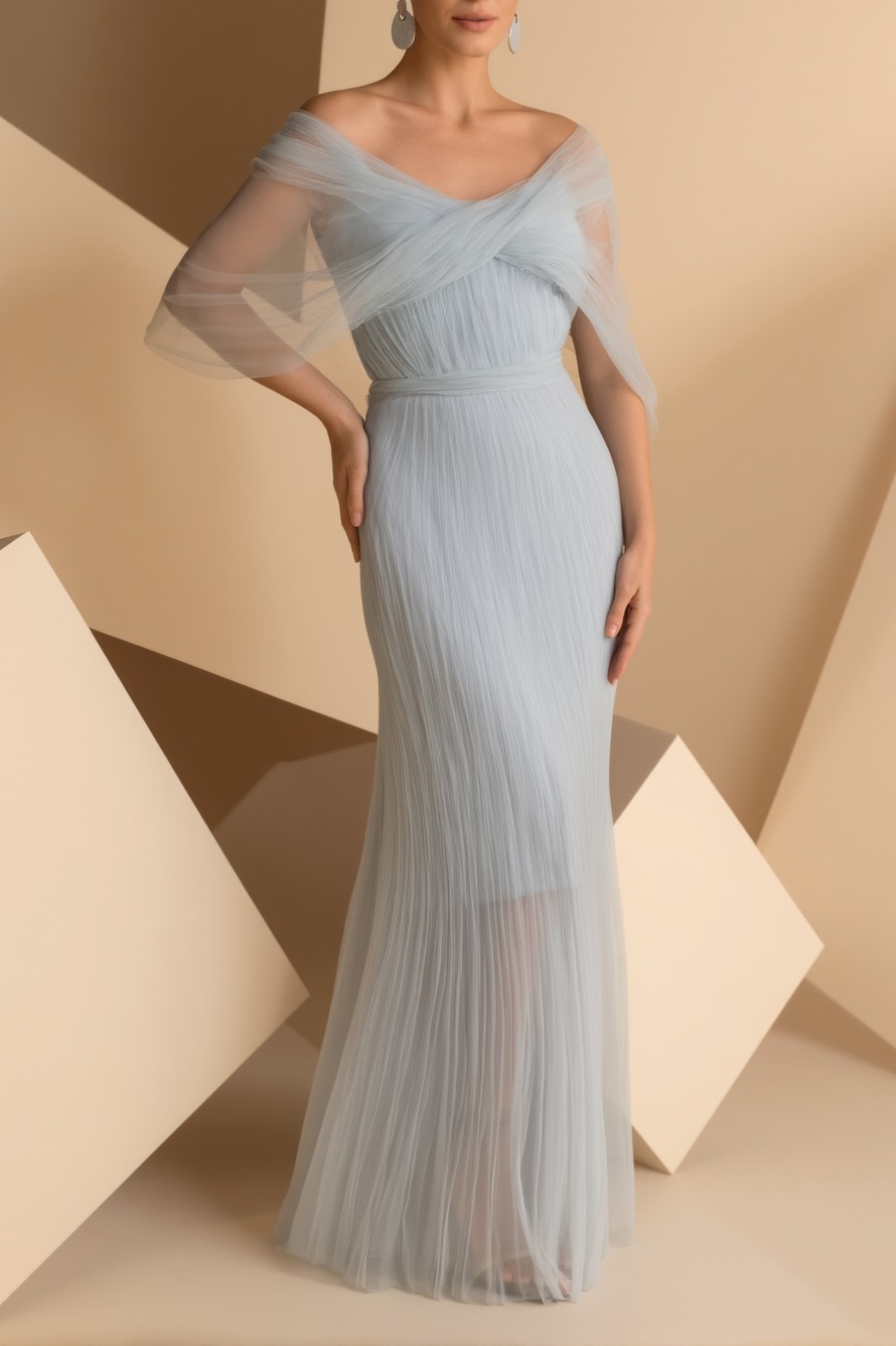 Wedding Guest Party Dress Light Blue Mesh Off The Shoulder Floor Dress