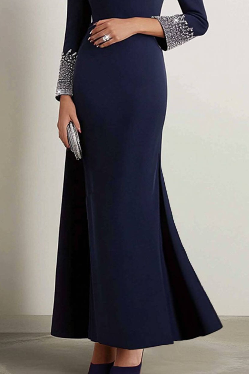 Elegant Dress Navy Boat Neck Rhinestone Maxi Dress Mother of the Bride Dress