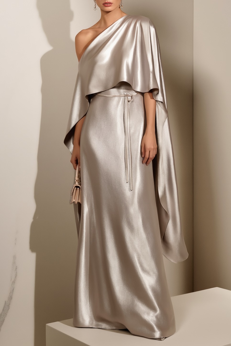 Formal Evening Dress Silver Satin One Shoulder Cape Maxi Gown