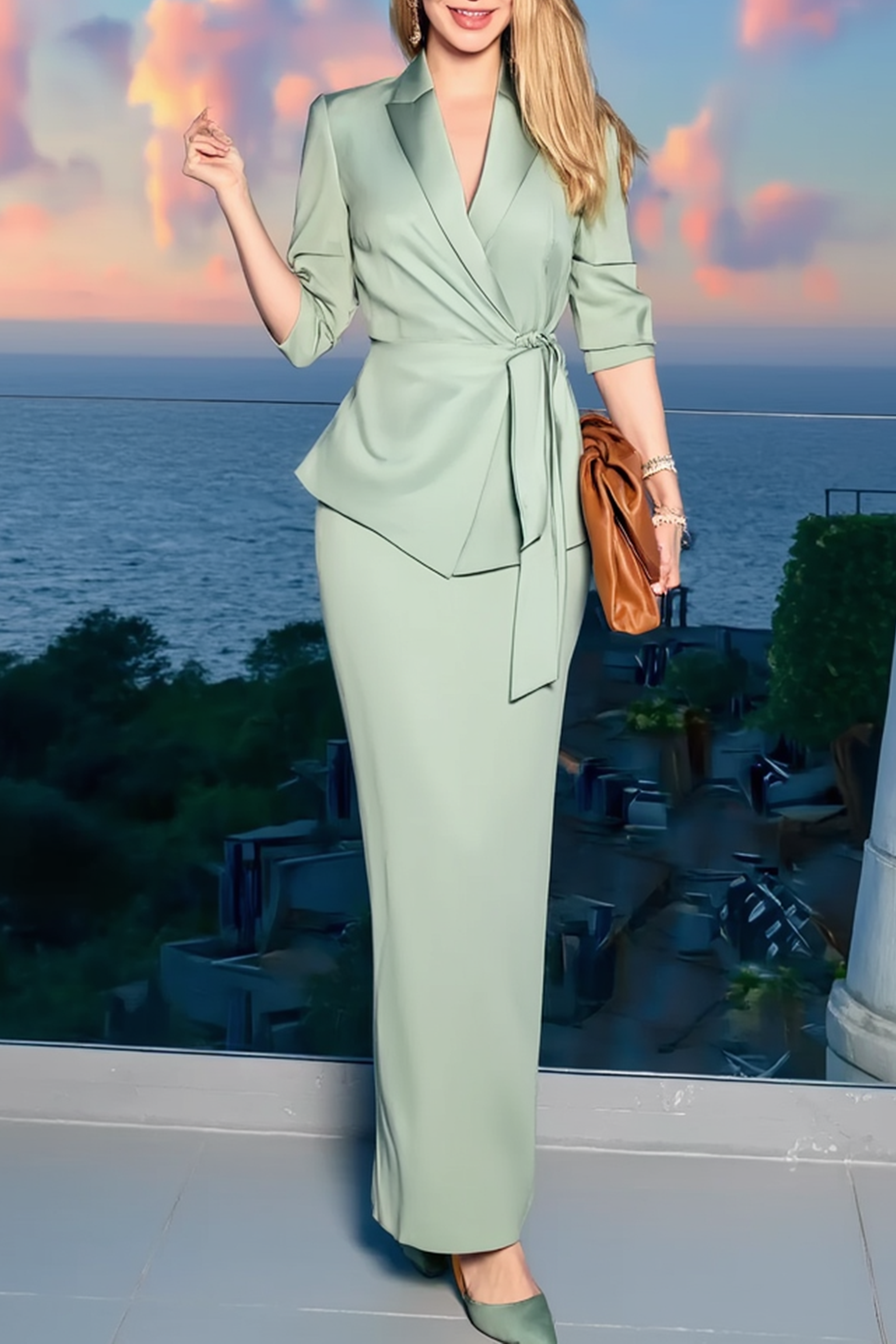 Work Business Set Light Green Collared Tie Top with Maxi Skirt