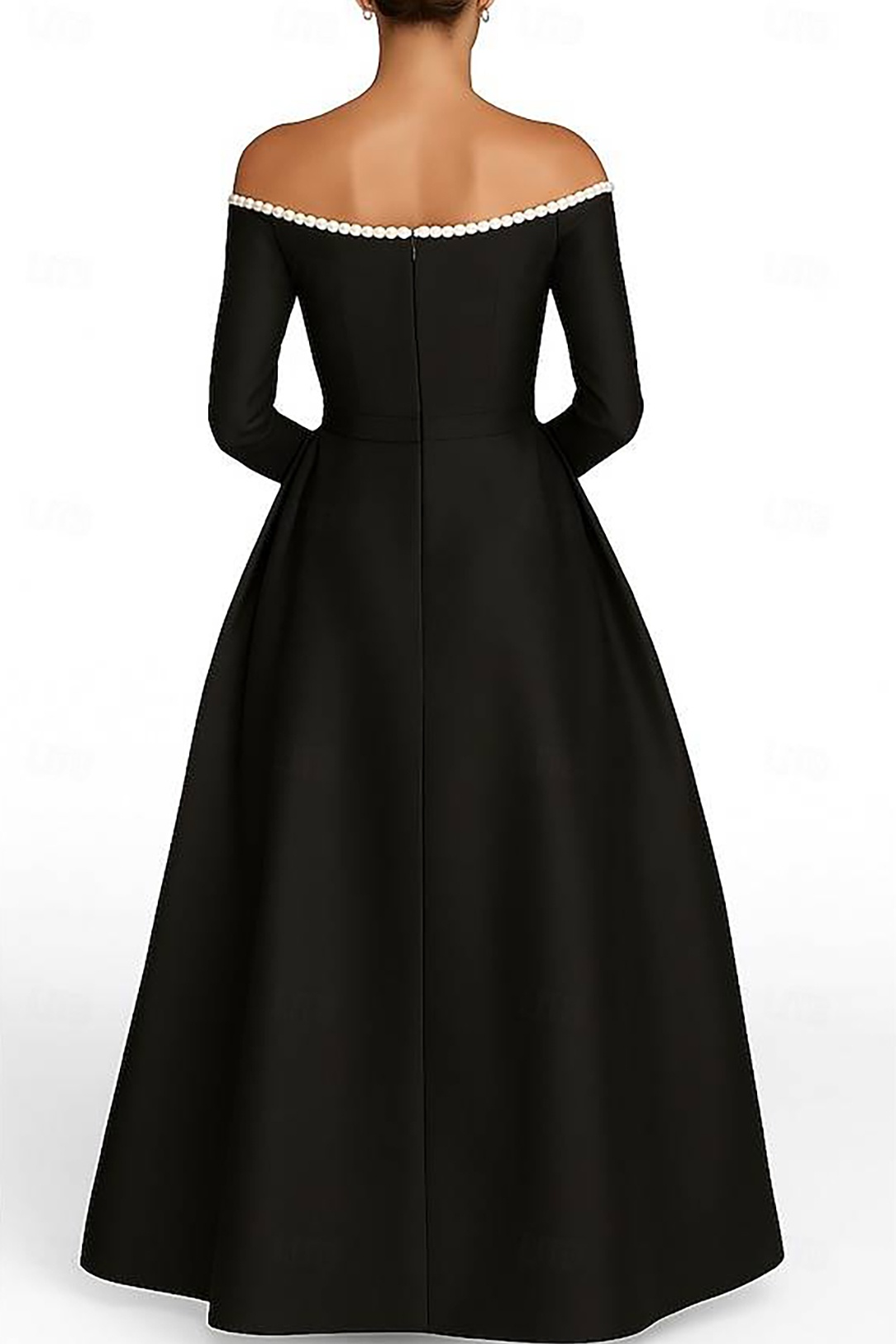 Formal Evening Dress Black Off The Shoulder Maxi Gown with Pearls