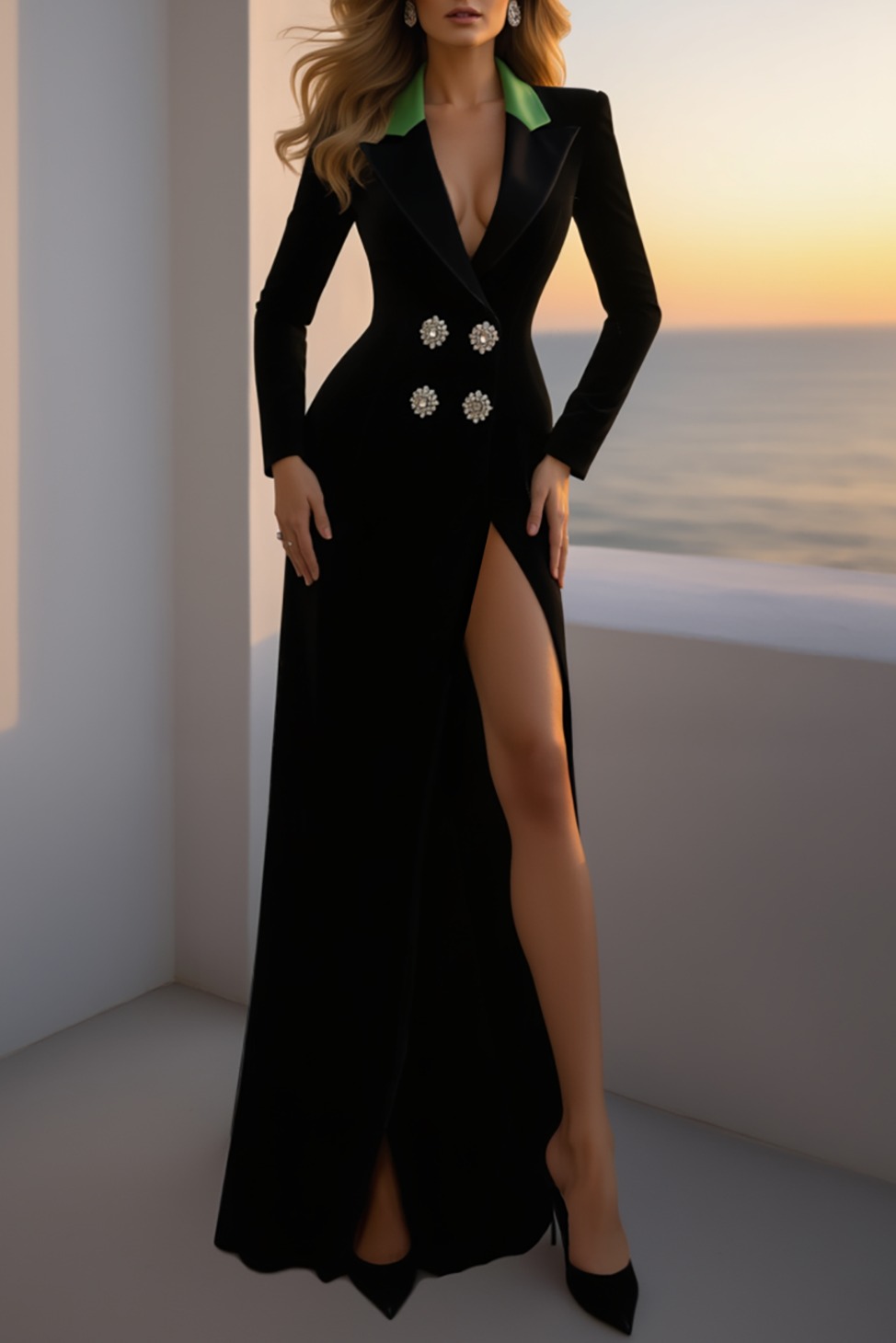 Evening Dress Black Deep V Long Sleeve Lapel High Slit Maxi Dress