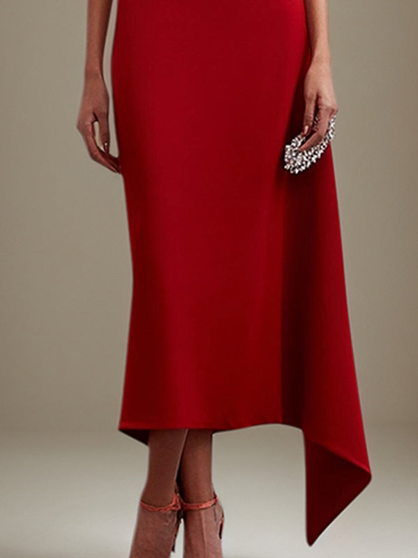 Cocktail Party Dress One Shoulder Red Ankle Length Dress
