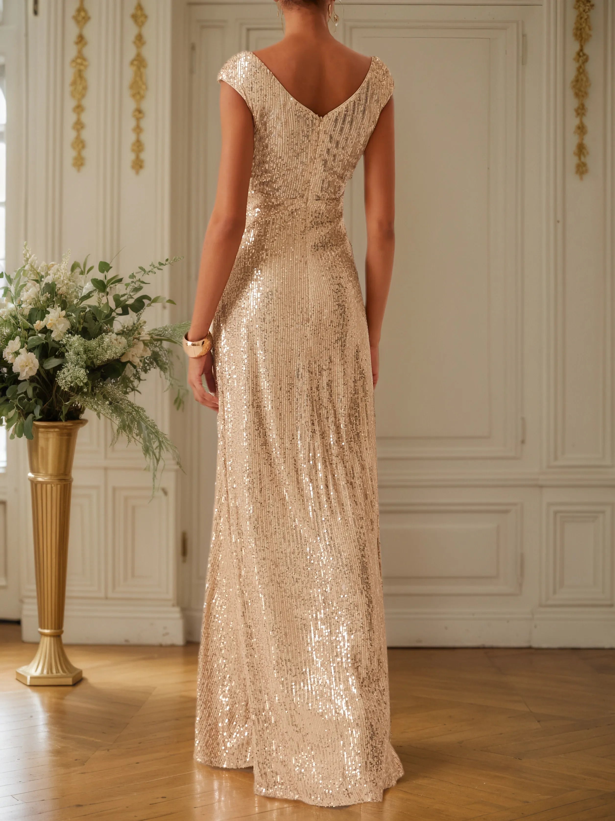 Golden Champagne Sequin Sleeveless Long A-line Gown Dress