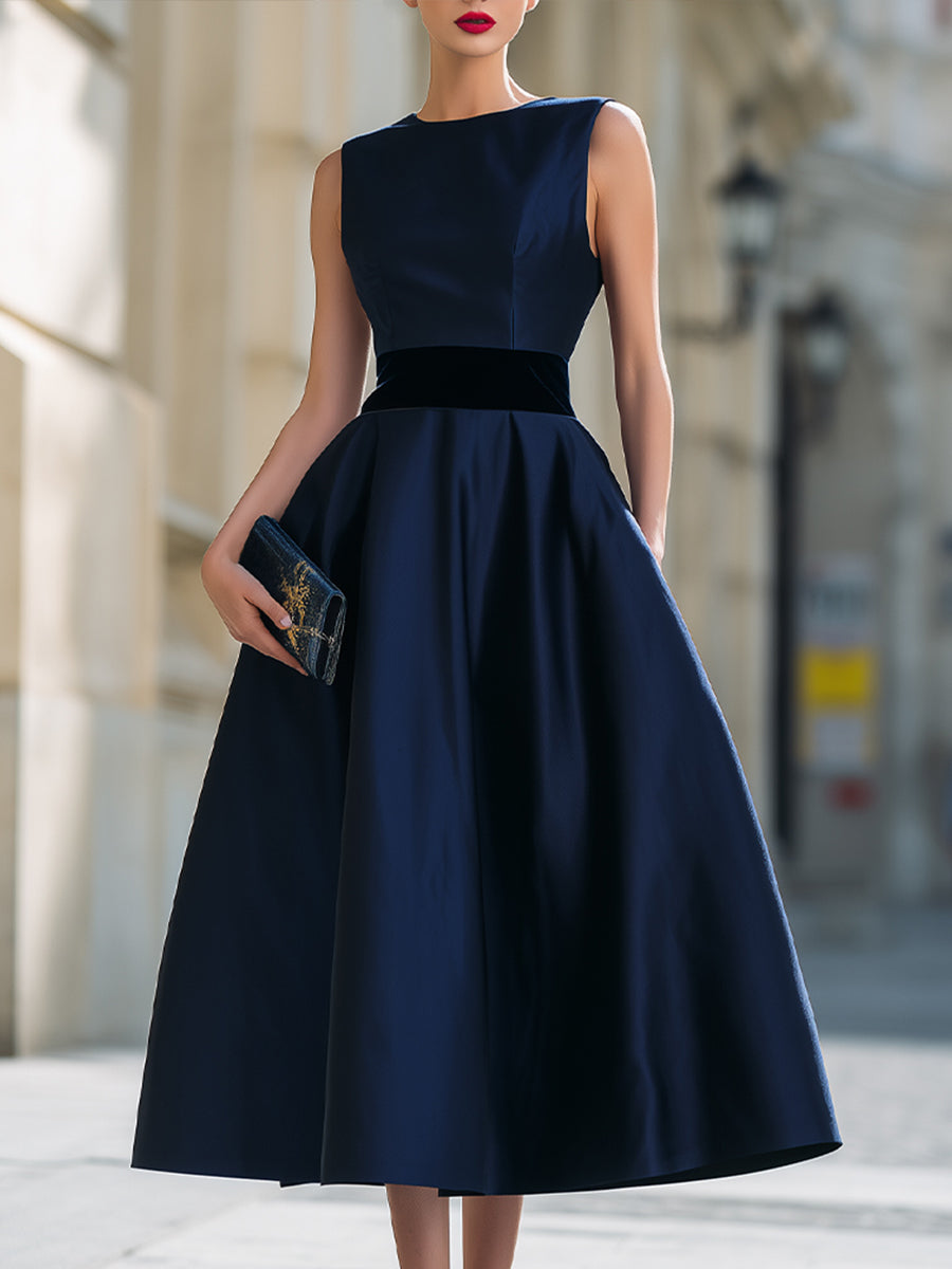 Sleeveless Structured Waist A-Line Midi Dress