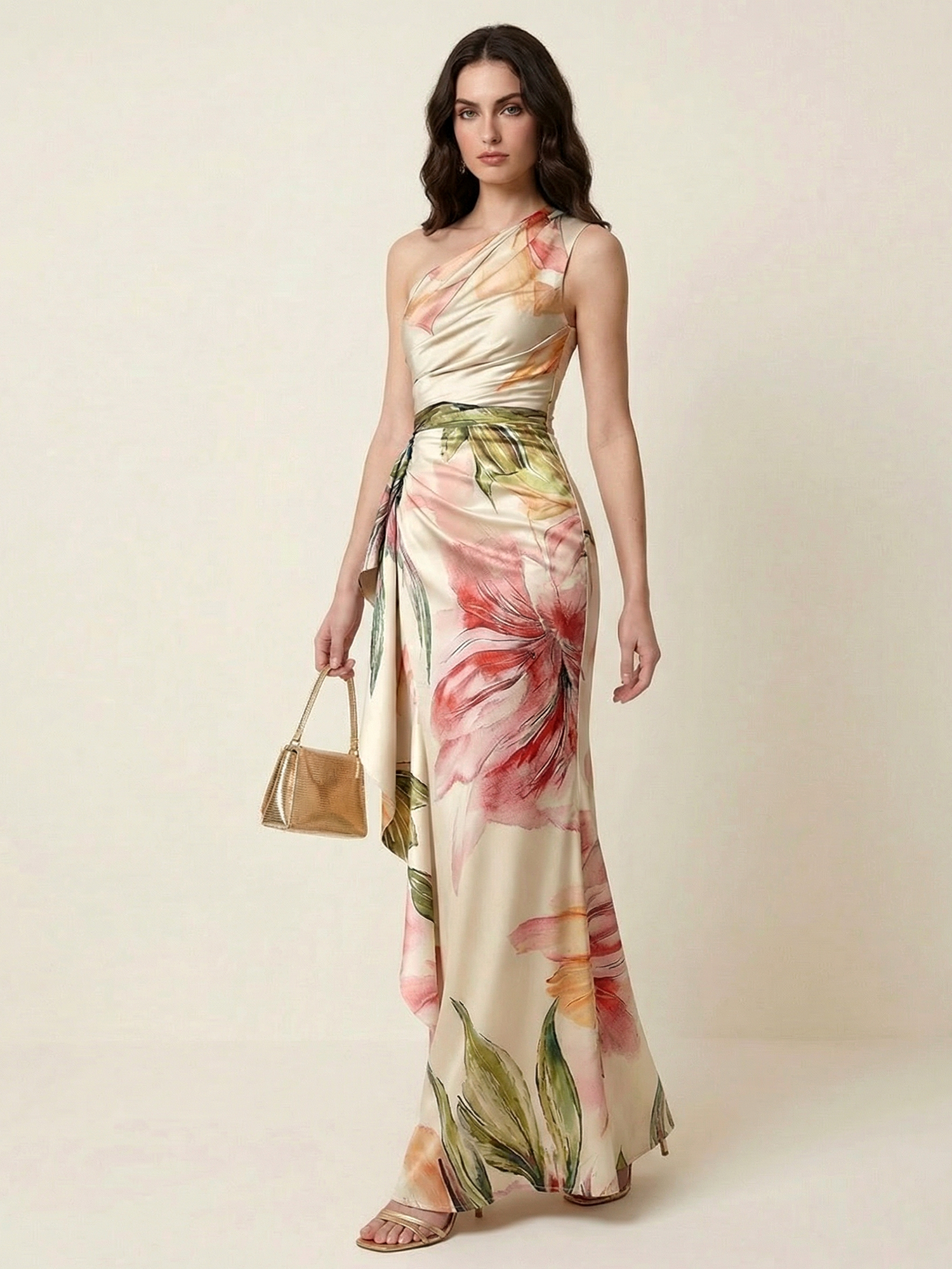 Cream Blush Floral One-Shoulder Satin Mermaid Gown