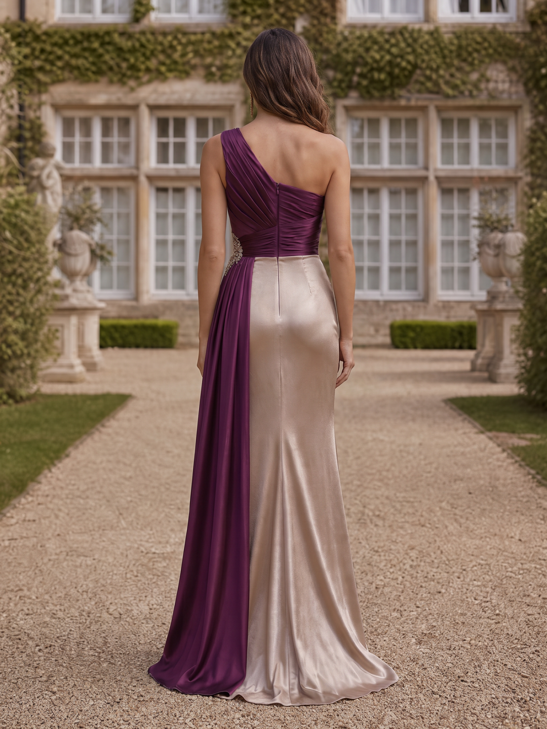 Purple & Champagne One-Shoulder Satin Draped Maxi Dress
